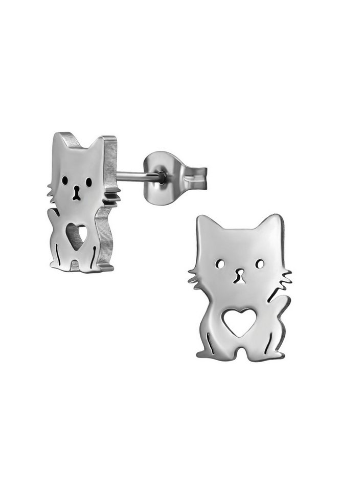 Diademita Fingerring Ohrstecker Katze mit Herz aus Edelstahl (Set) von Diademita