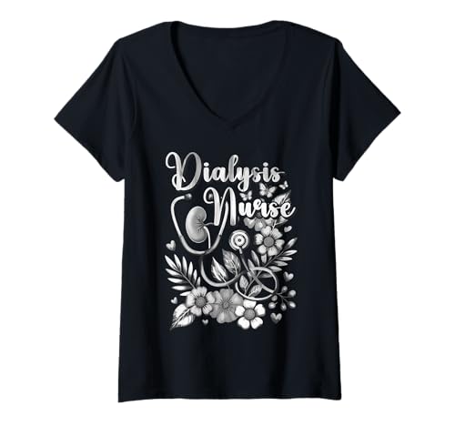 Damen Dialyse Krankenschwester Aesthetic Shirt - Frauen Medizinischer Humor T-Shirt mit V-Ausschnitt von Dialysis Nurse Teal Heartbeat Medical Humor Gifts