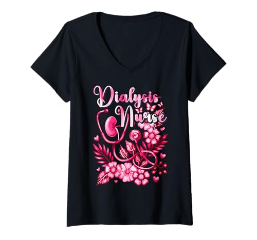 Damen Floral Dialysis Nurse Life - Nierenpflege Shirt für Sie T-Shirt mit V-Ausschnitt von Dialysis Nurse Teal Heartbeat Medical Humor Gifts