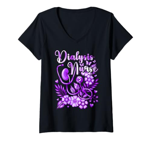 Damen Süßes Dialyse-Krankenschwester Shirt für Damen - Nephrologie Humor T-Shirt mit V-Ausschnitt von Dialysis Nurse Teal Heartbeat Medical Humor Gifts