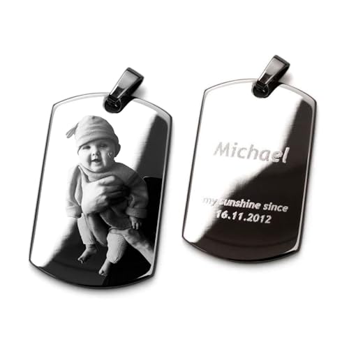 Diamandi Dog-Tag Kette mit Foto-Gravur I Ihr Bild + Text gravieren I Personalisierter Ketten-Anhänger mit Kugelkette in Silber von Diamandi