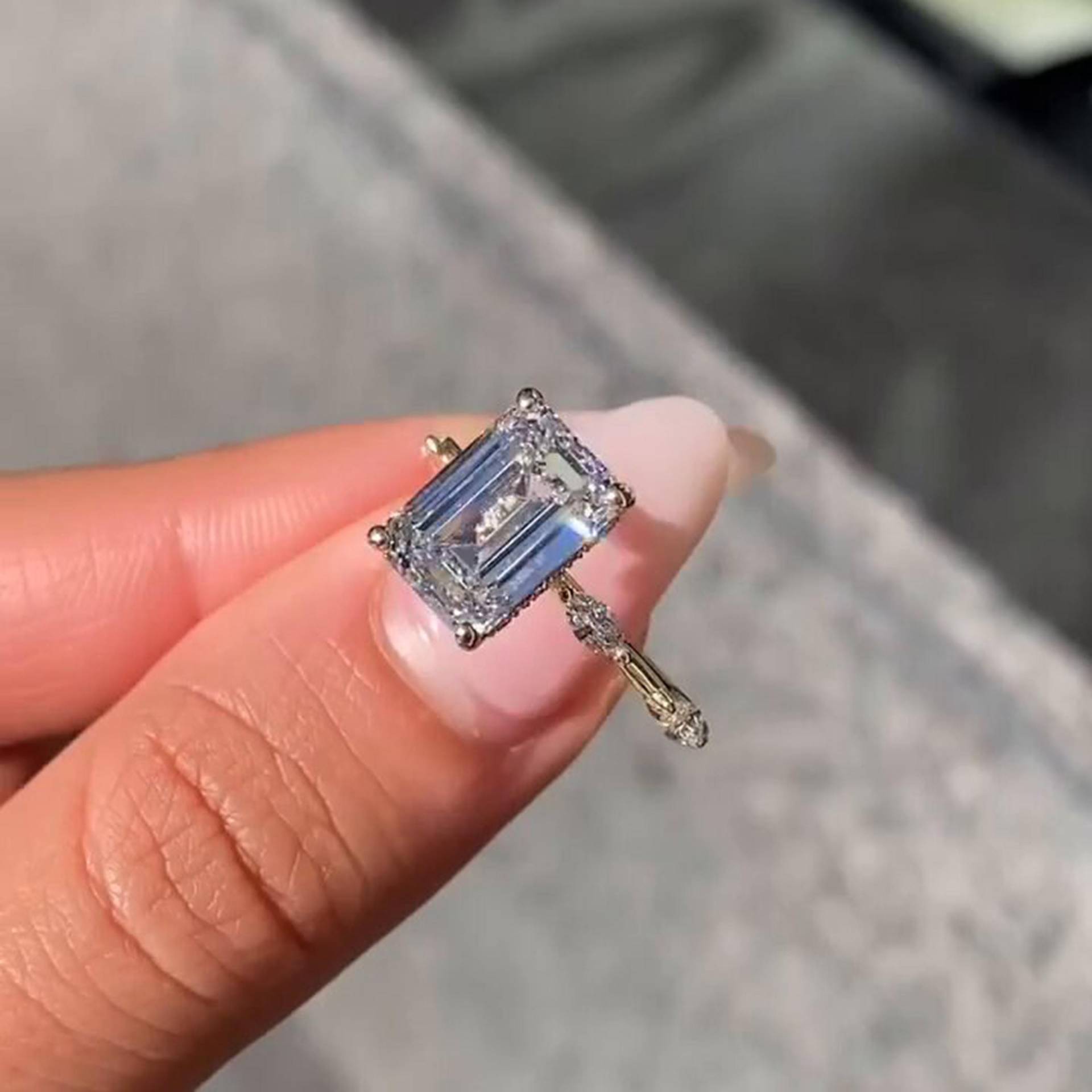 3.50Ct Emerald Cut Lab Grown Engagement Ring Hidden Halo Wedding With Distance Pave Band 14K Gold Anniversary Gift Promise von Diamantglanz