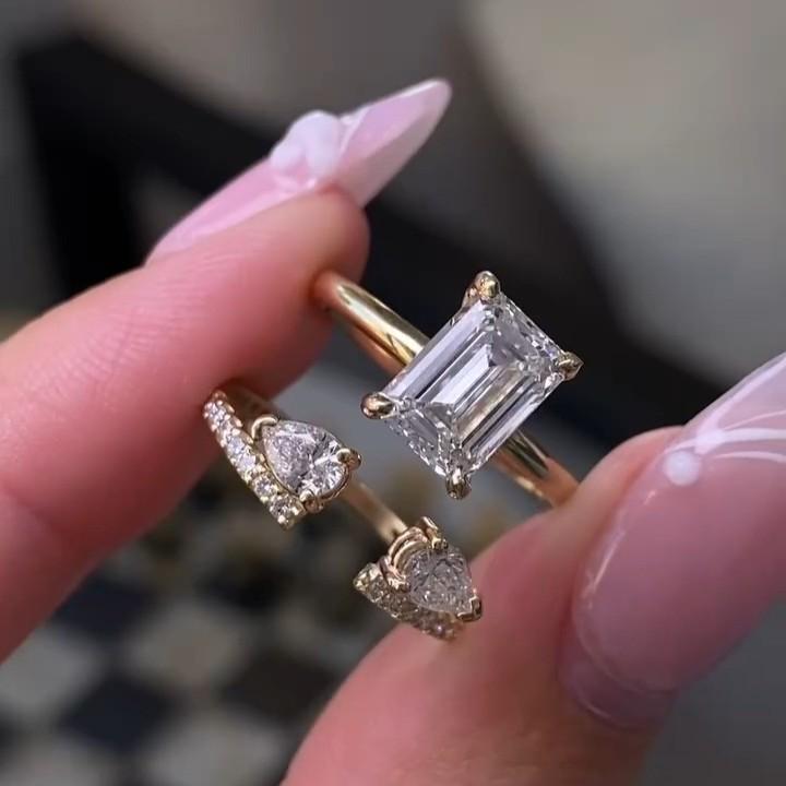 Emerald Cut Lab Grown Bridal Ring Set Open Cuff Wedding Band Hidden Halo Engagement Vintage Matching von Diamantglanz