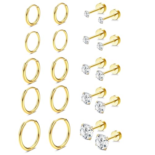 Diamday 10 Paar 20G Ohrstecker Ohrringe Set für Damen Herren Edelstahl Knorpel Creolen Ohrringe Zirkonia Klein Ohrstecker Set Helix Hypoallergen für Mehrfachpiercing Gold von Diamday