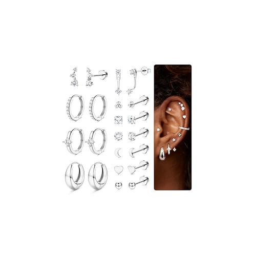 Diamday 11 Pairs Piercing Ohr Helix Piercings Gold Silber Ohrringe für Damen Flache Medizinische Ohrstecker Creolen Ohrringe Ohr Piercing Set Conch Helix Tragus Piercing für Mehrere Ohrlöcher von Diamday