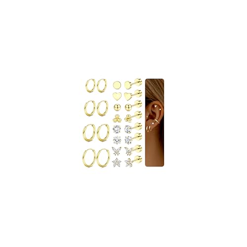 Diamday 12 Paar Ohrringe Gold Set für Damen Chirurgenstahl Creolen Ohrstecker Gold Piercing Ohr Helix Knorpel Medizinische Ohrstecker Huggie Creolen Hypoallergene Goldene Ohrringe Mehrfache Piercings von Diamday