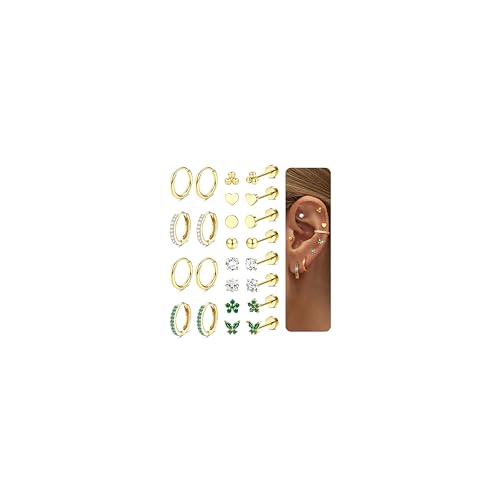 Diamday 12 Paar Ohrringe Gold Set für Damen Chirurgenstahl Creolen Ohrstecker Gold Piercing Ohr Helix Knorpel Medizinische Ohrstecker Huggie Creolen Hypoallergene Goldene Ohrringe Mehrfache Piercings von Diamday