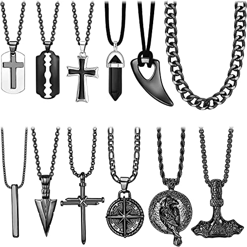 Diamday 12 Stück Wikinger Halsketten Thor Hammer Nordischen Mjolnir Amulett Anhänger Halskette mit Speerspitze Pfeilspitze Kreuz Rabe Talisman Halskette Punk Nordisch Wikinger Schmuck Herren Schwarz von Diamday