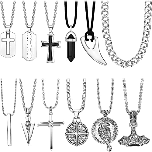 Diamday 12 Stück Wikinger Halsketten Thor Hammer Nordischen Mjolnir Amulett Anhänger Halskette mit Speerspitze Pfeilspitze Kreuz Rabe Talisman Halskette Punk Nordisch Wikinger Schmuck Herren Silber von Diamday