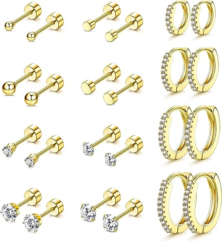 Diamday 12Paare Edelstahl Ohrringe Set für Mehrfachpiercing Hoop Creolen Ohrringe für Damen Herren Kleine Kugel CZ Flache Rückseite Ohrstecker Tragus Knorpel Helix Winzig Kleine Creolen Ohrreifen von Diamday