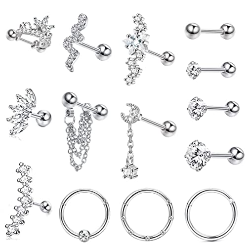 Diamday 14 teiliges Edelstahl Ohrstecker Set für Damen und Herren Stern Mondschlange 16 g Knorpel Ohrringe Hypoallergen Schraubverschluss Ohrringe Helix Piercing Schmuck Zirkonia Kupfer von Diamday