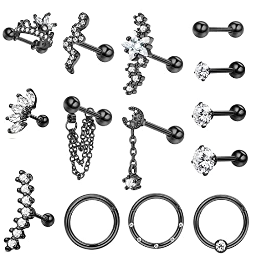 Diamday 14 teiliges Edelstahl Ohrstecker Set für Damen und Herren Stern Mondschlange 16 g Knorpel Ohrringe Hypoallergen Schraubverschluss Ohrringe Helix Piercing Schmuck Zirkonia Kupfer von Diamday