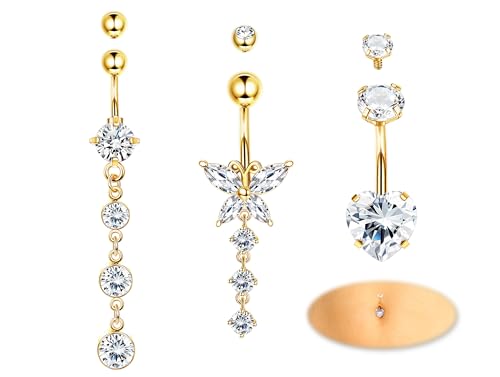 Diamday 14G Bauchnabel Ringe Chirurgenstahl baumeln Gold/Silber plattiert Herz Schmetterling Bauchnabel Ringe für Frauen Bauch Piercing Pack von Diamday