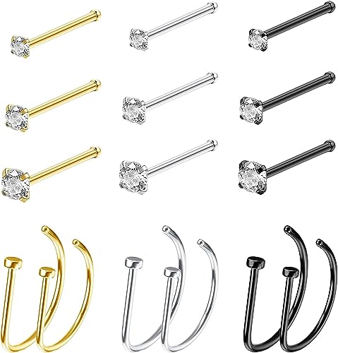 Diamday 15PCS 20G Nasenstecker Ringe für Damen Herren Edelstahl Nasenringe Hoop L/I Form Nasenpiercing Schmuck 1.5/2/2.5mm CZ Nase Nostril Twist Stecker Spirale Nasenstecker Hypoallergen Septumringe von Diamday