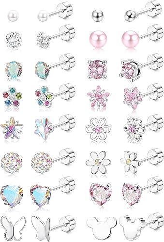 Diamday 16Paare Kleine Ohrstecker Set Hypoallergen Damen Mädchen Chirurgenstahl Bunt CZ Herz Blume Schraubverschluss Piercing Ohrringe Flachem Rücken Ohrstecker Mehrfarbig Niedlich Knorpel Ohrringe von Diamday