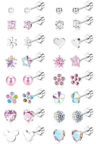 Diamday 16 Paare Kleine Ohrstecker Set für Damen Mädchen Chirurgenstahl 20G Kleine Knorpel Ohrstecker CZ Herz Blume Stern Multicolored Kugel Screwback Ohrstecker-Set mit flachem Rücken von Diamday