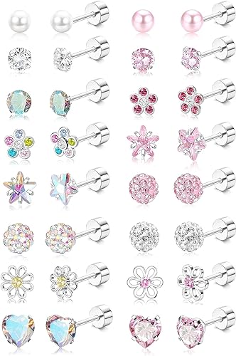 Diamday 16Paare Kleine Ohrstecker Set Hypoallergen Damen Mädchen Chirurgenstahl Bunt CZ Herz Blume Schraubverschluss Piercing Ohrringe Flachem Rücken Ohrstecker Mehrfarbig Niedlich Knorpel Ohrringe von Diamday