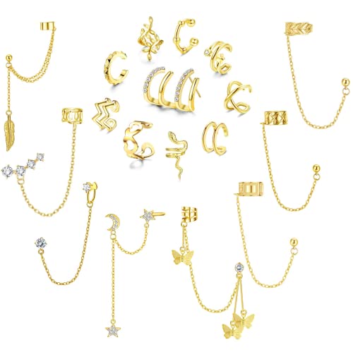 Diamday 18Pcs Ear Cuff Ohrringe Kette Ohrringe für Damen Verstellbare Helix Knorpel Clip On Wrap Ohrringe Manschetten Ohrclipr Ohr Cuffs Set Ohrklemme Fake Ohrringe Gold von Diamday