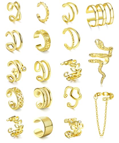 Diamday 18 Stück Ear Cuff für Damen Edelstahl Non Piercing Ohrmanschetten Ohrringe Earcuffs Set Helix Knorpel Fakepircings Ohr Cuffs Ohrklemme Nicht Schlange Herz Blatt Wrap Cuff Ohrringe Gold von Diamday