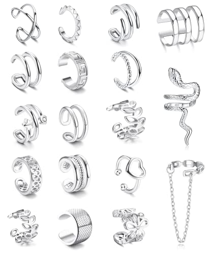 Diamday 18 Stück Ear Cuff für Damen Edelstahl Non Piercing Ohrmanschetten Ohrringe Earcuffs Set Helix Knorpel Fakepircings Ohr Cuffs Ohrklemme Nicht Schlange Herz Blatt Wrap Cuff Ohrringe Silber von Diamday