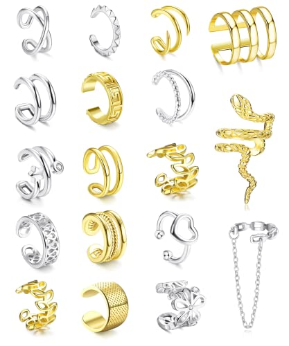 Diamday 18 Stück Ear Cuff für Damen Edelstahl Non Piercing Ohrmanschetten Ohrringe Earcuffs Set Helix Knorpel Fakepircings Ohr Cuffs Ohrklemme Nicht Schlange Herz Blatt Wrap Cuff Ohrringe Silber-Gold von Diamday