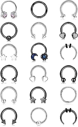 Diamday 18PCS 16G Septum Ringe Nasenring Hoop Set Damen Herren Edelstahl Septum Ringe Hufeisen Piercing Helix Tragus Ohrring Lippen Ringe Hufeisenringe Nase Augenbraue Piercing 8MM 10MM von Diamday