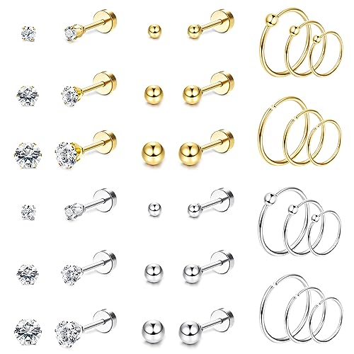 Diamday 18Paare Kleine Ohrstecker Hoops für Damen Herren Edelstahl Flache Knorpel Ohrringe Sets CZ Winzige Kugel Ohrringe Hoops Ohrstecker Hypoallergene Tragus Helix Piercing Ohrringe Gold Silber von Diamday