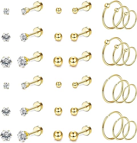 Diamday 18 Paare Kleine Ohrstecker Hoops für Damen Herren - Edelstahl Flache Knorpel Ohrringe Sets CZ Winzige Kugel Hoops - Hypoallergene Tragus Helix Piercing Gold von Diamday