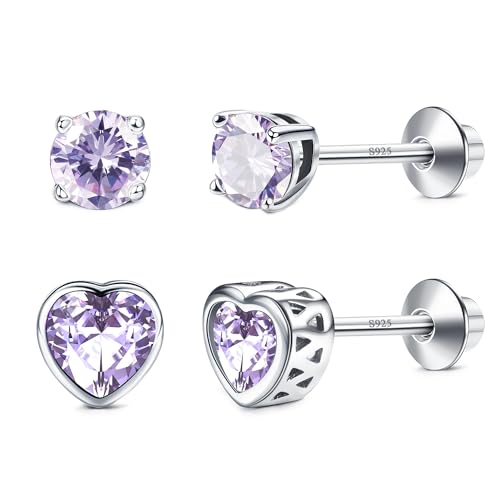 Diamday 2 Paare 925 Sterling Silber Birthstone Ohrringe für Frauen Mädchen Ohrstecker Cubic Zirkonia Knorpel Ohrring Set Schraube zurück hypoallergen Schmuck Geschenk mehrere Farben(Hellviolett) von Diamday