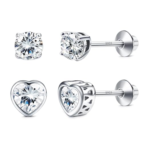 Diamday 2 Paare 925 Sterling Silber Birthstone Ohrringe für Frauen Mädchen Ohrstecker Cubic Zirkonia Knorpel Ohrring Set Schraube zurück hypoallergen Schmuck Geschenk mehrere Farben(Stahl) von Diamday