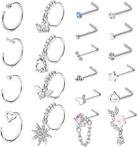 Diamday 20G Edelstahl Nasenringe Hoop L-förmige Nasenstecker für Frauen Niedlich CZ Herz Blume baumeln Nase Ring Ohrstecker Set Tragus Knorpel Helix Ohrringe Piercing-Schmuck mit Charme von Diamday