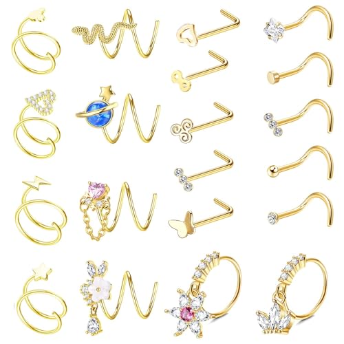 Diamday 20G Nasenringe für Damen Nasenpiercings Double/Sprial Nasenringe Creolen L Form Nasenstecker Schraube Hypoallergen Nostril Chirurgische Edelstahl Nasenringe Ohrstecker für Damen Herren von Diamday