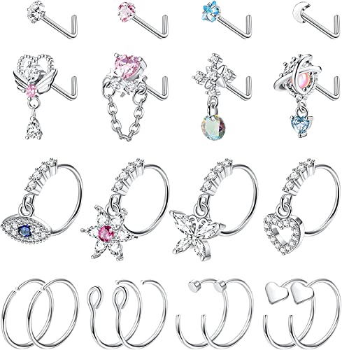 Diamday 20PCS 20G Nasenringe Piercing Baumeln Nasenstecker für Damen Edelstahl L Förmig Nase Stud CZ Herz Stern Blume Nasenring Ohrstecker Baumeln Hypoallergen Septum Nostril Nasenpiercing Schmuck von Diamday