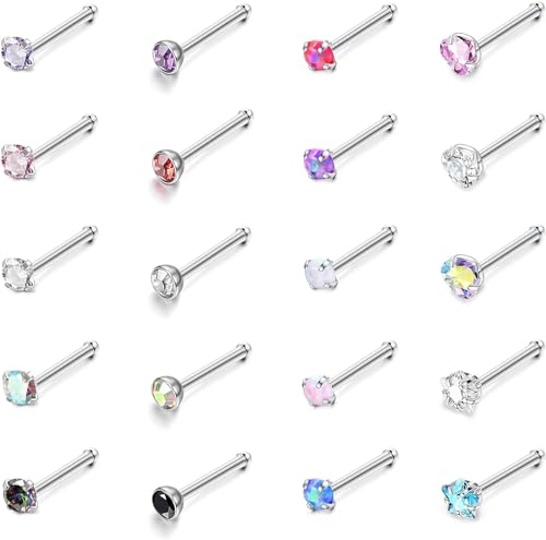 Diamday 20PCS Nasenpiercing Stecker 18G 20G Edelstahl Schrauben Nasenring L Förmig Gerader Nasenstecker Gewindelos Einschiebbar Nasenring Hypoallergen CZ Labret Nostril Piercing Schmuck Damen Herren von Diamday