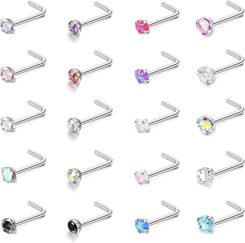 Diamday 20PCS Nasenpiercing Stecker 18G 20G Edelstahl Schrauben Nasenring L Förmig Gerader Nasenstecker Gewindelos Einschiebbar Nasenring Hypoallergen CZ Labret Nostril Piercing Schmuck Damen Herren von Diamday