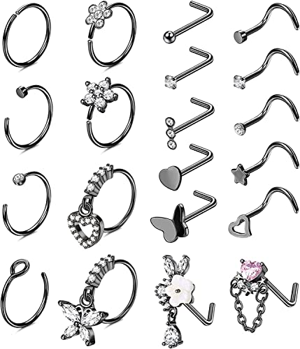 Diamday 20Pcs 20G Chirurgenstahl Nasenringe Hoop L Form Nose Studs für Damen Blume Herz Btterfly Nasenpiercing Schmuck L-förmige Nase Ringe Ohrstecker Hoop Nasenring Set von Diamday