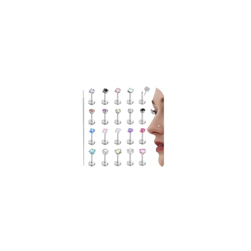 Diamday 20Pcs Hypoallergene 316L Chirurgenstahl Nasenpiercing Stecker/Flat Back Body Piercing Schmuck für Frauen Männer Threadless Nose Ring mit Taper Insertion Pin 18G/20G Silber von Diamday