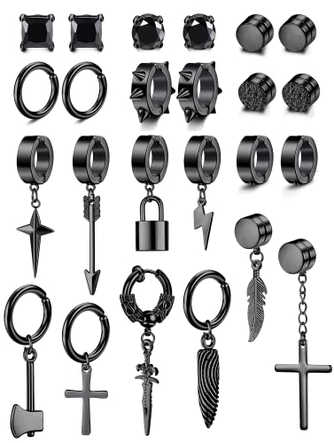 Diamday 24 Pcs Edelstahl Fake Ohrringe Clip auf Ohrringe für Männer Kreuz Kette baumeln Ohrringe nicht durchbohrt Huggie Hoop Ohrringe schwarz Ohrringe für Männer Frauen Schwarz von Diamday