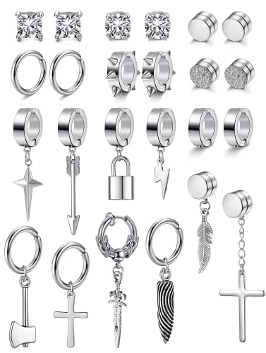 Diamday 24 Pcs Edelstahl Fake Ohrringe Clip auf Ohrringe für Männer Kreuz Kette baumeln Ohrringe nicht durchbohrt Huggie Hoop Ohrringe schwarz Ohrringe für Männer Frauen Silber von Diamday