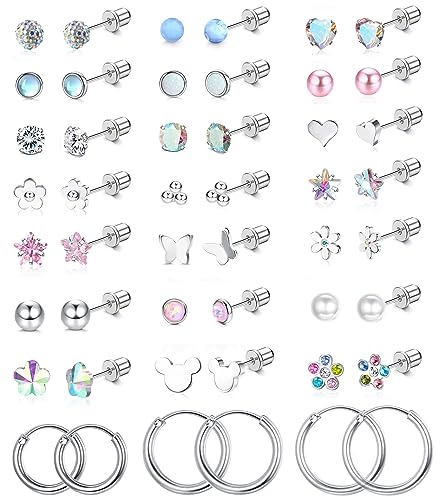 Diamday 24Paare 20G Chirurgenstahl Ohrstecker Set für Damen Männer CZ Herz Blume Stern Mond Multipack Flach Zurück Ohrringe Chirurgenstahl Knorpel Hoops Helix Tragus Daith Ohrringe Piercing Schmuck von Diamday