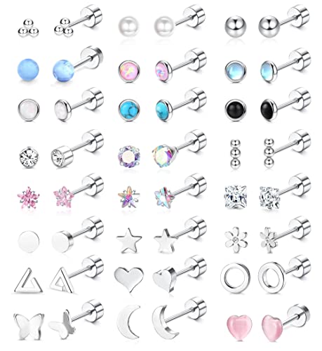 Diamday 24Paare 20G Chirurgenstahl Ohrstecker Set für Damen Männer Stern Mond Herz Blume Opal Tiny Knorpel Screwback Ohrringe Flach Zurück Ohrringe Knorpel Helix Tragus Daith Ohrringe Piercing von Diamday