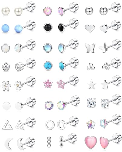 Diamday 24Paare 20G Chirurgenstahl Ohrstecker Set für Damen Männer Stern Mond Herz Blume Opal Tiny Knorpel Screwback Ohrringe Flach Zurück Ohrringe Knorpel Helix Tragus Daith Ohrringe Piercing von Diamday