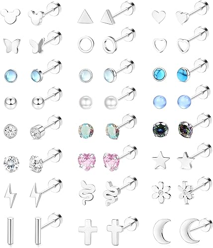 Diamday 24Paare Edelstahl Piercing Ohrstecker Damen Herren 20G Klein Knorpel Ohrstecker Set CZ Stern Mond Blume Schlange Opal Flat Back Ohrringe Hypoallergen Mehrere Geometrische Helix Piercing Ohr von Diamday