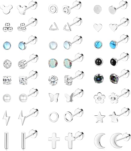 Diamday 24Paare Edelstahl Piercing Ohrstecker Damen Herren 20G Klein Knorpel Ohrstecker Set CZ Stern Mond Blume Schlange Opal Flat Back Ohrringe Hypoallergen Mehrere Geometrische Helix Piercing Ohr von Diamday