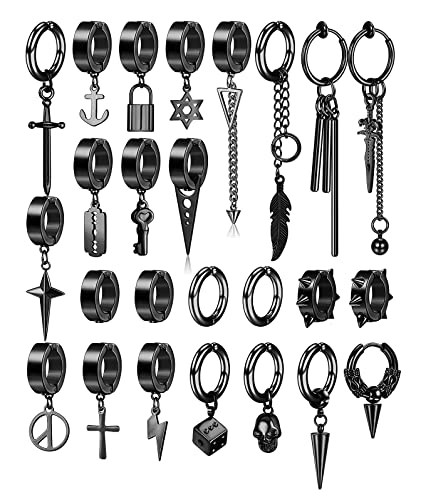 Diamday 25 Stück Ohrclips für Herren - Edelstahl Kreuz Kette Baumeln Ohrringe Schwarz Huggie Non Pierced Punk Gothic Kpop Set Fake Creolen von Diamday