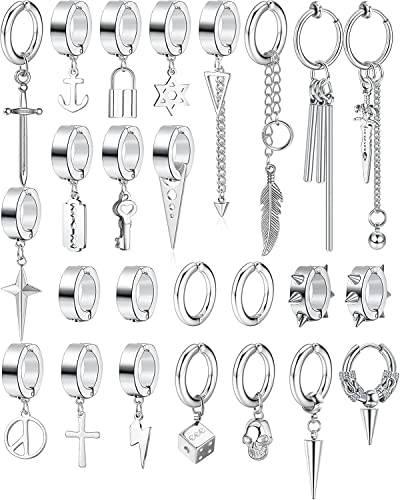 Diamday 25 Stück Ohrclips für Herren Edelstahl Kreuz Kette Baumeln Ohrringe Schwarz Huggie Ohrringe Non Pierced Punk Gothic Kpop Ohrringe Set Fake Creolen Ohrringe Silber von Diamday