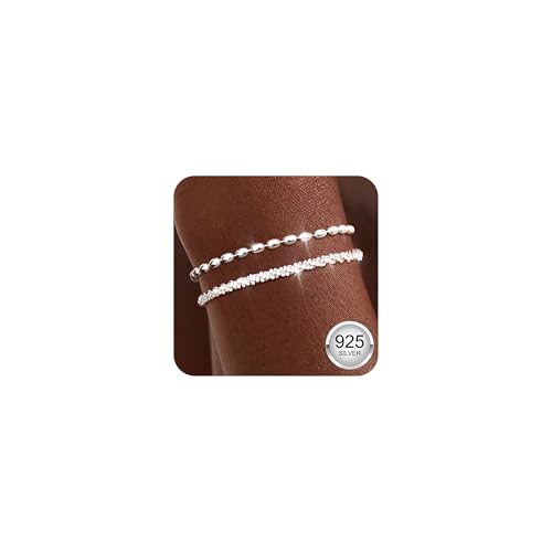 Diamday 2Pcs Armband Damen Silber 925 Armbänder Verstellbares Silber Armband Set Stapelbare Armbänder Perlenverziert Wasserdichter Kettenarmband für Damen Mädchen Schmuck von Diamday