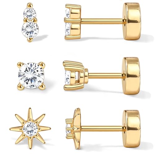 Diamday 3Paar Ohrstecker Gold Helix Piercings Chirurgenstahl Medizinische Ohrstecker für Damen Herren Hypoallergen Ohrringe Set Piercing Ohr Helix Tragus Conch Piercings Ohrringe Gold Stecker von Diamday