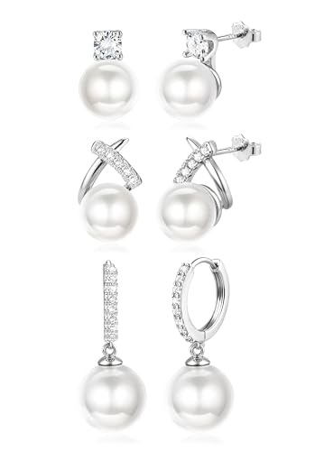 Diamday 3 Paar Perlen Ohrringe Silber 925 Creolen Ohrstecker Perlenohrringe Hängend Ohrringe Gold Set Hypoallergene Perlen Ohrstecker Silber 925 Perlenohrringe für Damen Mädchen Schmuck Geschenk von Diamday