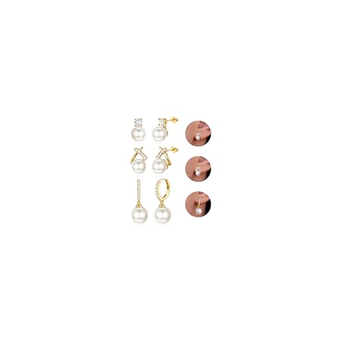 Diamday 3 Paar Perlen Ohrringe Silber 925 Creolen Ohrstecker Perlenohrringe Hängend Ohrringe Gold Set Hypoallergene Perlen Ohrstecker Silber 925 Perlenohrringe für Damen Mädchen Schmuck Geschenk von Diamday